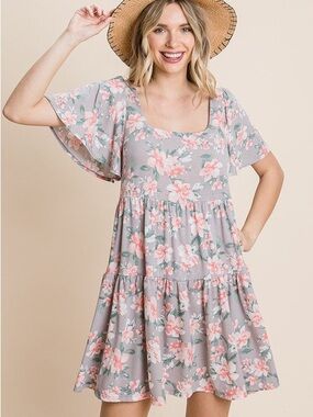 NWT Short Sleeve Square Neck Tiered Mini Dress - Gray with Pink Floral